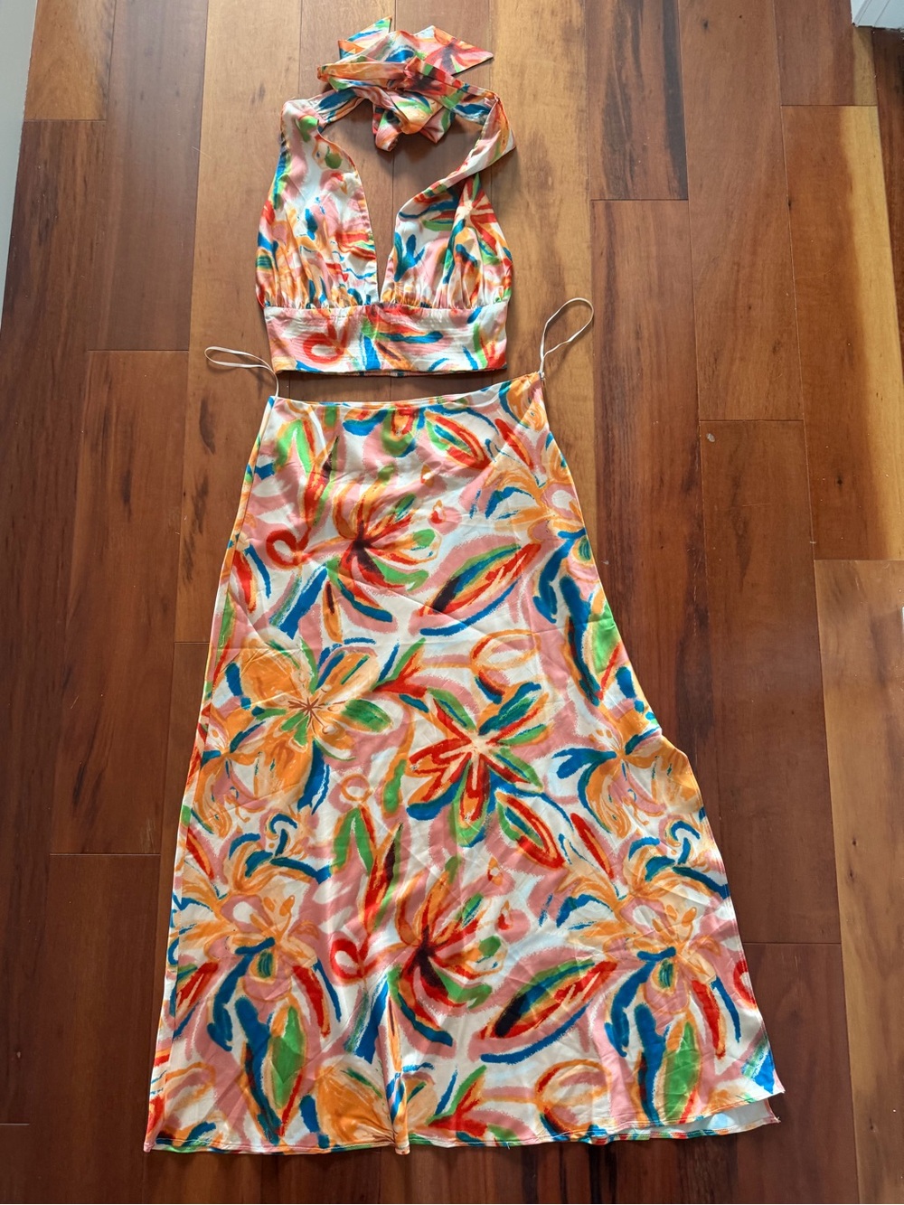 Maxi Dress - Vivid Floral Print Halter Two-Piece Maxi Dress - Multicolor